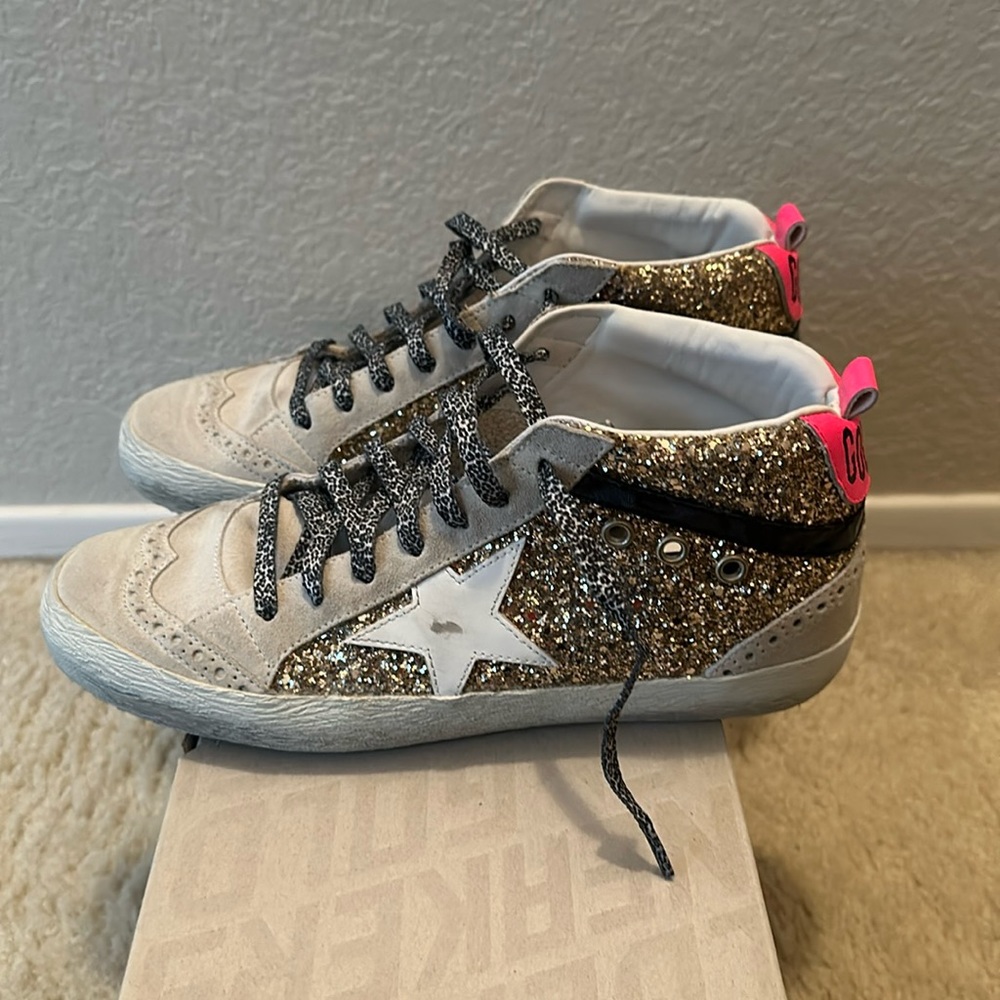 Golden Goose mid star classic sneakers with glitter and leopard laces